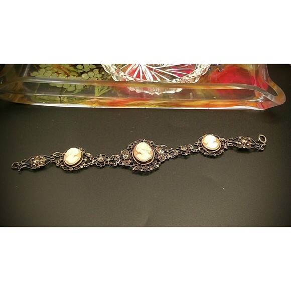 Edwardian 800 Silver Filagree Cameo Bracelet 6.75 - Picture 4 of 7